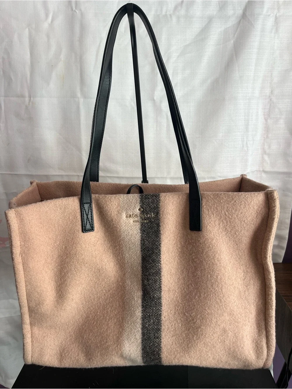 kate spade beige wool tote with black straps and gray center stripe